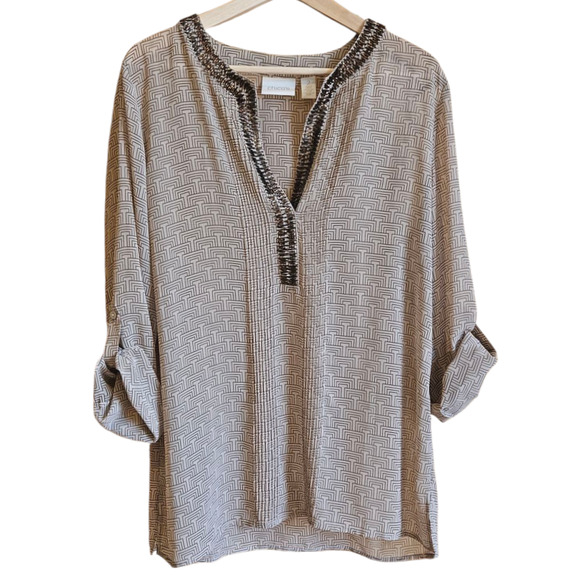 Chico's Women's Tunic Blouse VNeck Beaded Rolled Sleeves Brown Size 2 (Large) - Picture 1 of 10